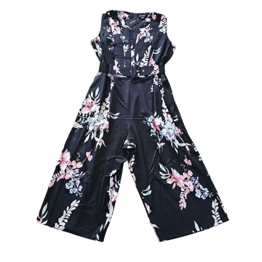 City Chic Sleeveless Black Floral Belted Jumpsuit, City Chic Size L=Size 20, NWT - Picture 2 of 7